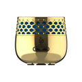Gold bakhoor burner front view with honeycomb cutout sides and two-button panel