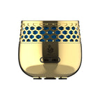 Gold bakhoor burner front view with honeycomb cutout sides and two-button panel