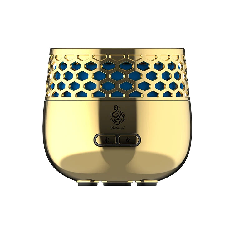 Gold bakhoor burner front view with honeycomb cutout sides and two-button panel