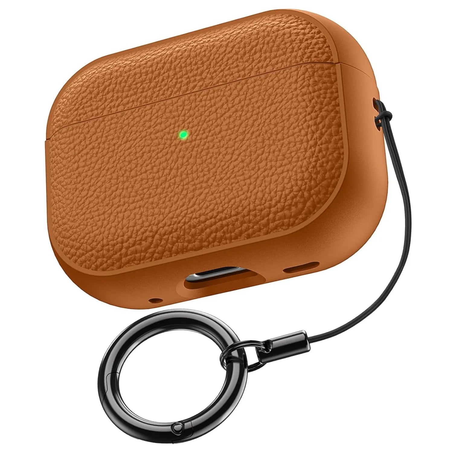 Leather-pattern AirPods case in warm brown/orange with keychain ring attached