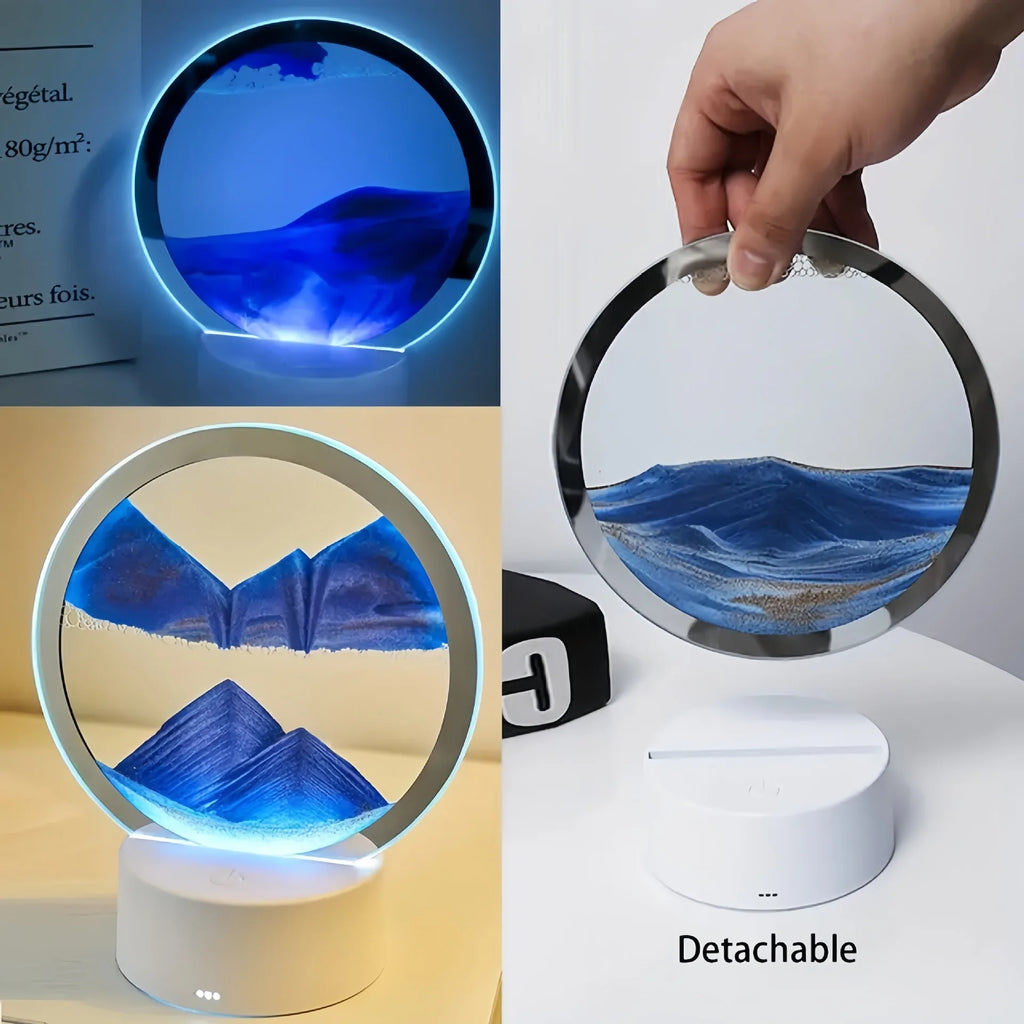 Cordless reading lamp with white base and glowing blue ring; hand lifting top lid