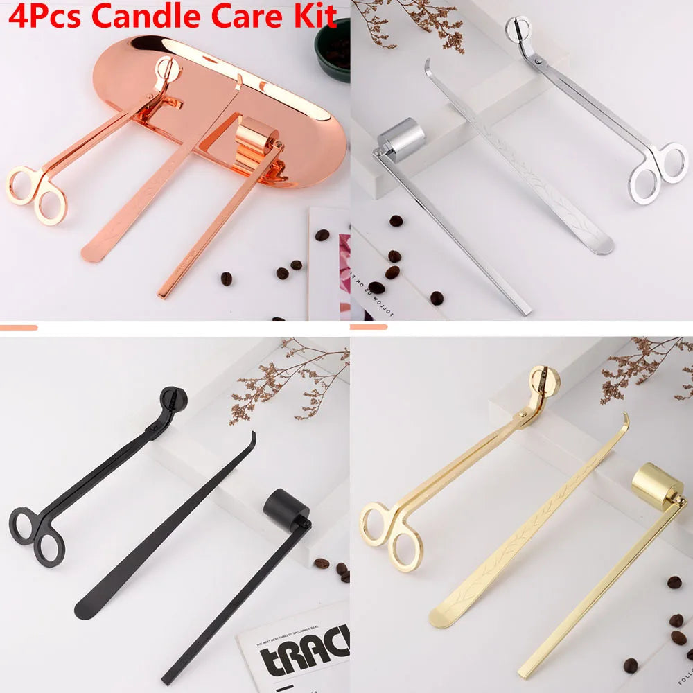 Candle care kit tools shown in rose, silver, black, and gold-toned finishes