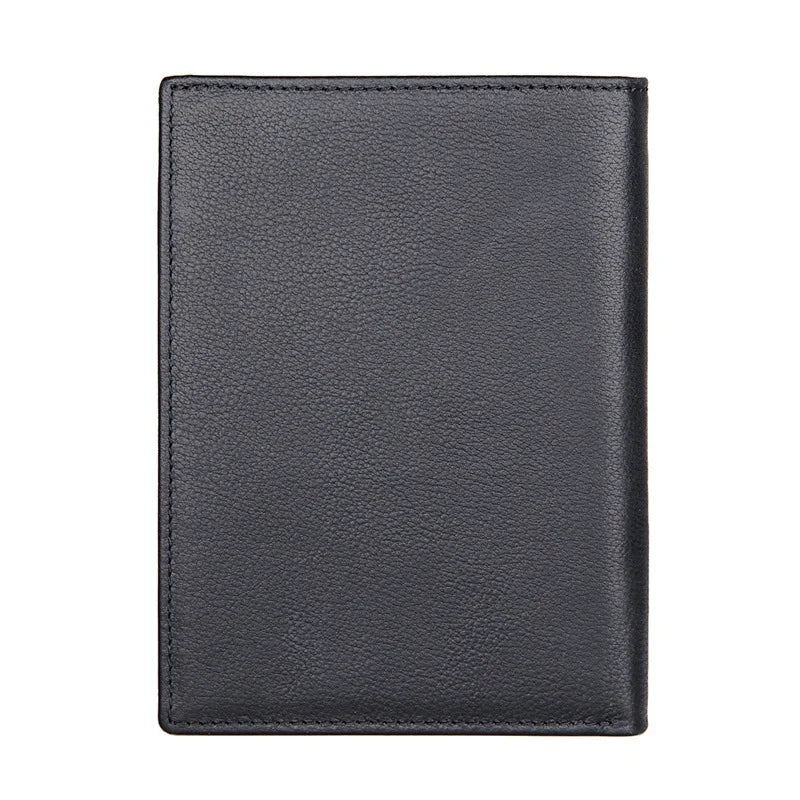 Compact travel document wallet, black back panel with stitched border