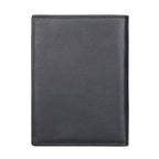Compact travel document wallet, black back panel with stitched border