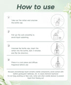 Reed diffuser usage steps diagram: uncap, insert reeds, and place to diffuse