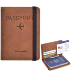 Cognac brown passport wallet with airplane emblem and navy elastic strap, RFID-style design
