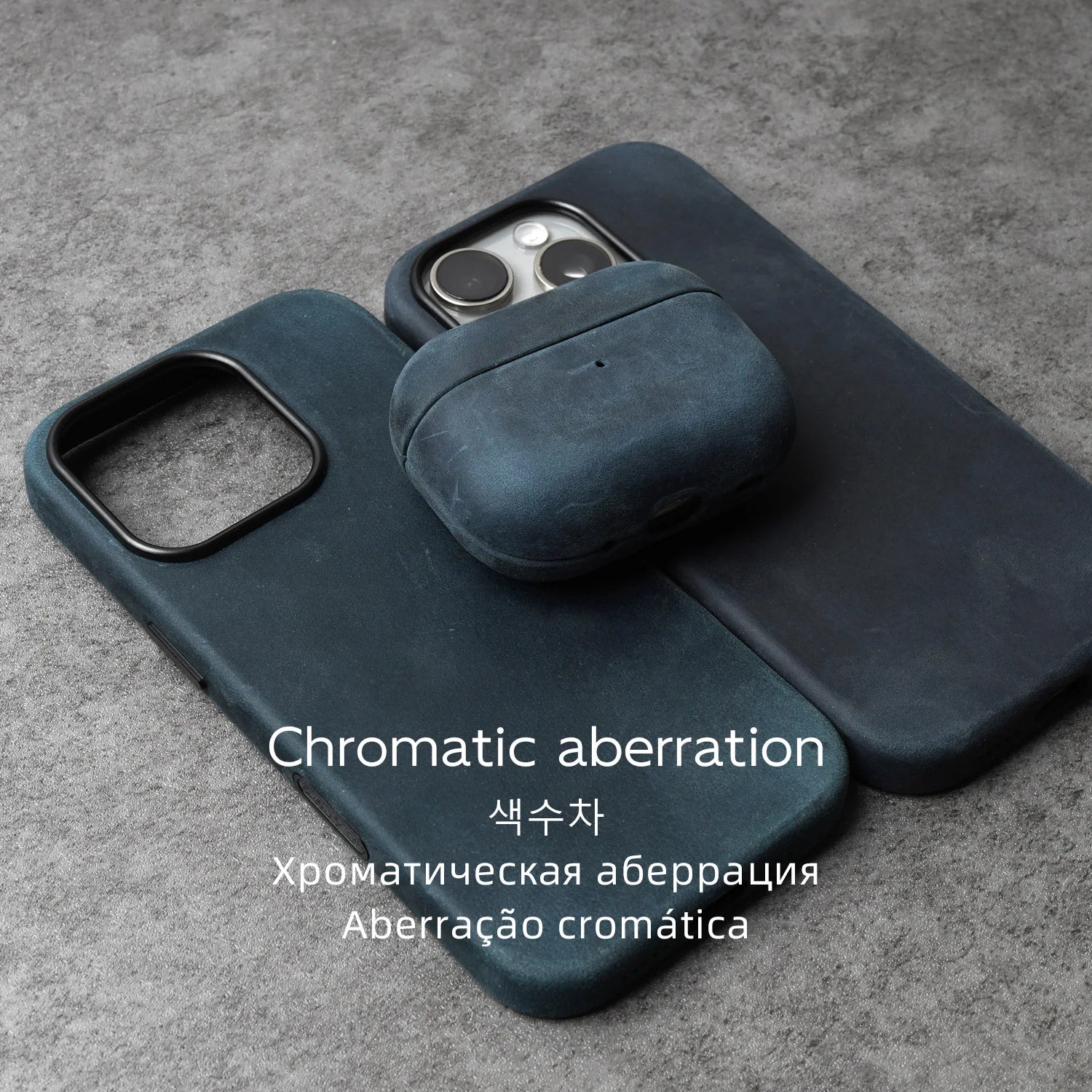 Dark blue leather AirPods case with open face and side port cutouts