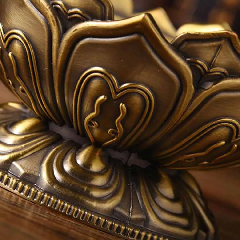 Antique bronze lotus incense burner close-up of carved side relief and heart motif