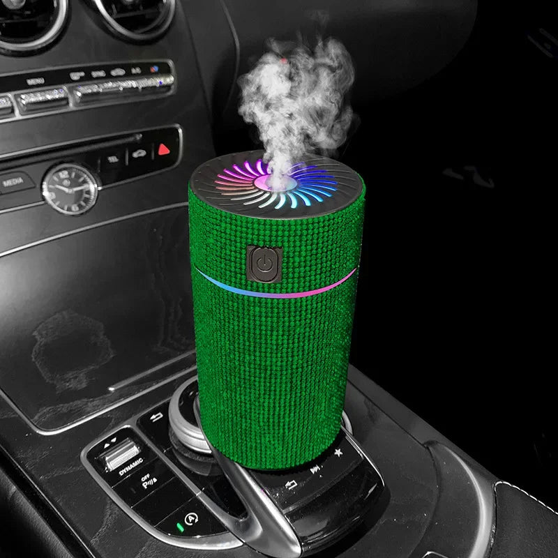 Emerald green glitter car aroma diffuser with multicolor top light fan and vapor
