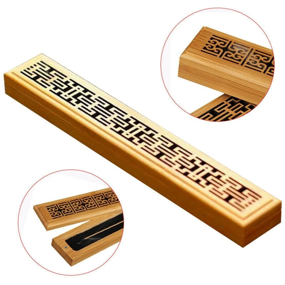 Bamboo incense box holder with geometric carved panel