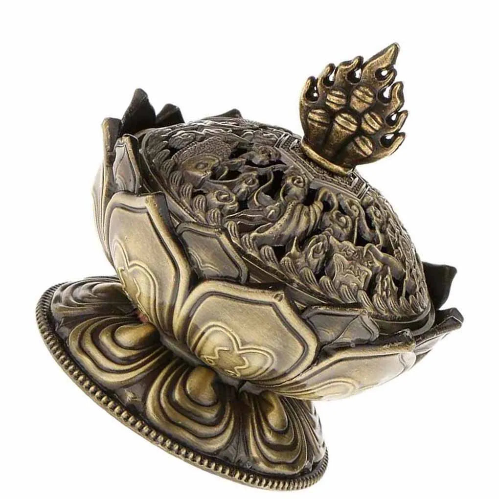 Antique bronze lotus incense burner side angle with carved panel and flared petal base