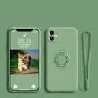 Silicone MagSafe phone case, light green with circular MagSafe ring and camera cutouts.
