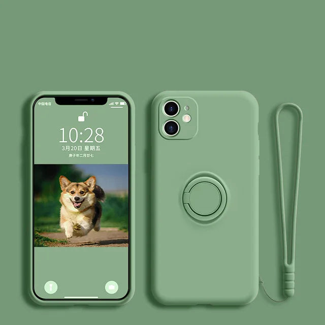 Silicone MagSafe phone case, light green with circular MagSafe ring and camera cutouts.