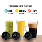 Dual-wall smart thermos bases showing ICE 5°F, COOL 15°F, and HOT 57°F