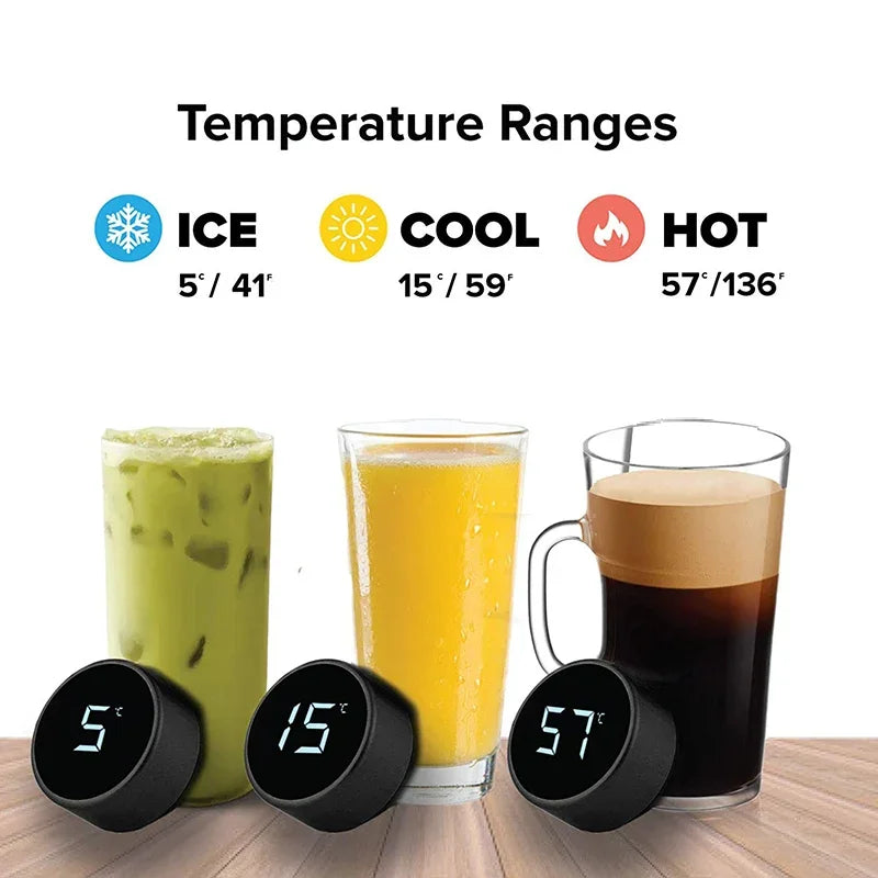 Dual-wall smart thermos bases showing ICE 5°F, COOL 15°F, and HOT 57°F