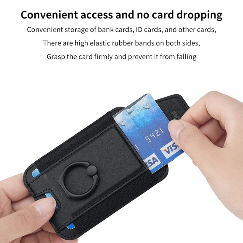 Naqsh Eclipse magnetic card wallet, black, showing a card held in the elastic slot.