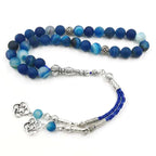 Blue agate prayer bead rosary with silver-tone caps, round beads, braided tassel