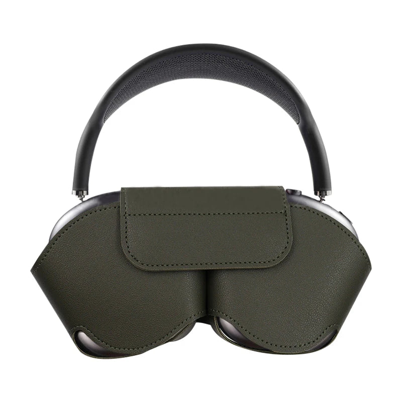 Dark green PU protection cover with top flap over ear cups and divider center