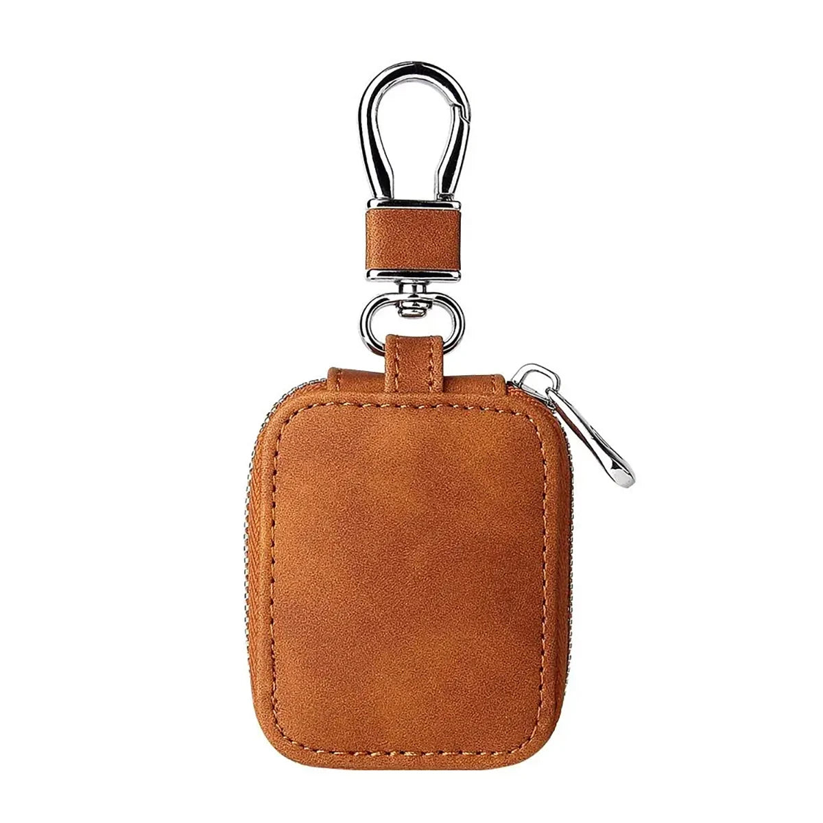 Leather AirPods travel case, cognac brown single with keyring and zipper pull tab