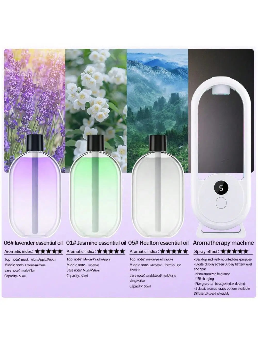 Portable aroma diffuser with refill oils: lavender (purple), jasmine (green), healtton (white)