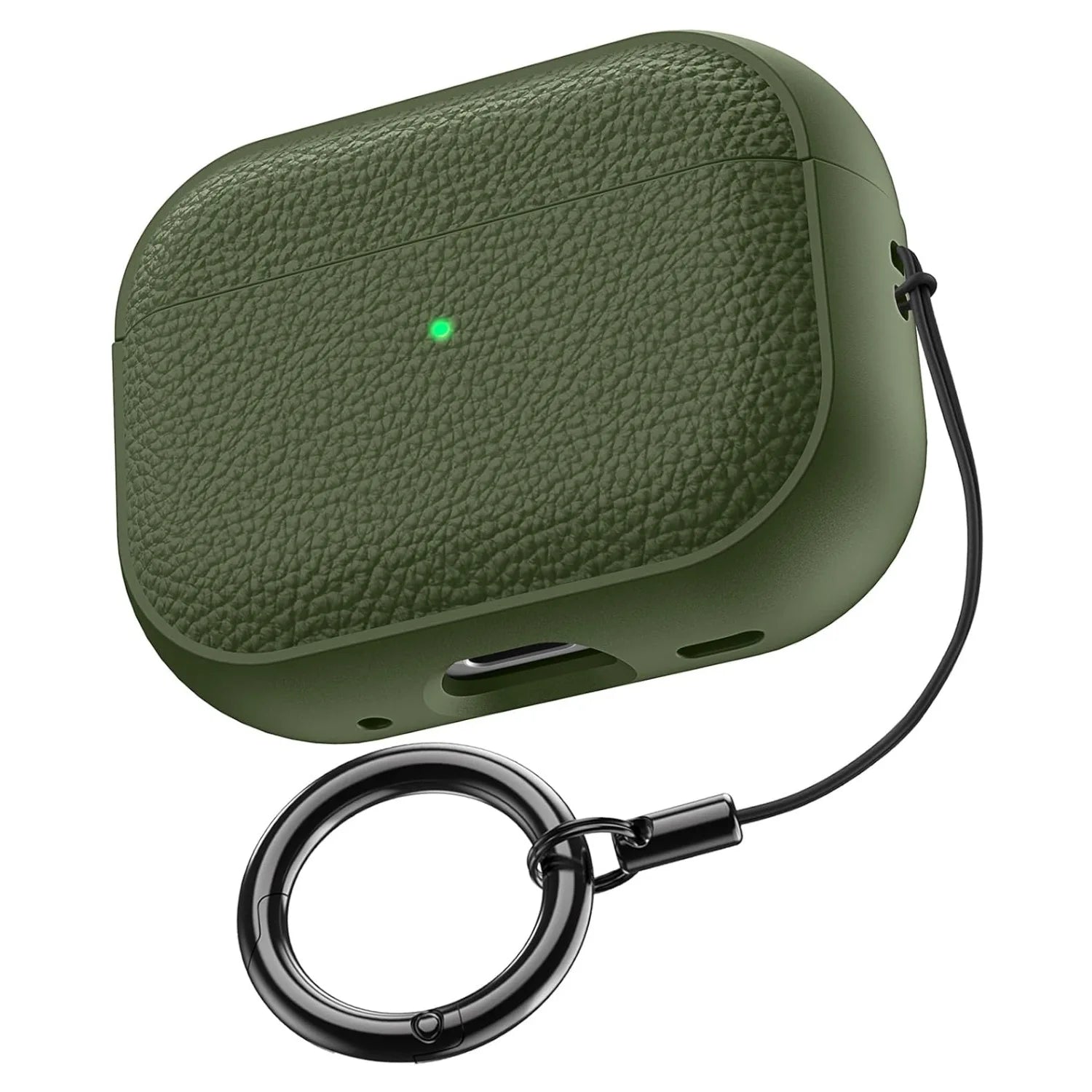 Green leather-pattern AirPods case with keychain ring attached