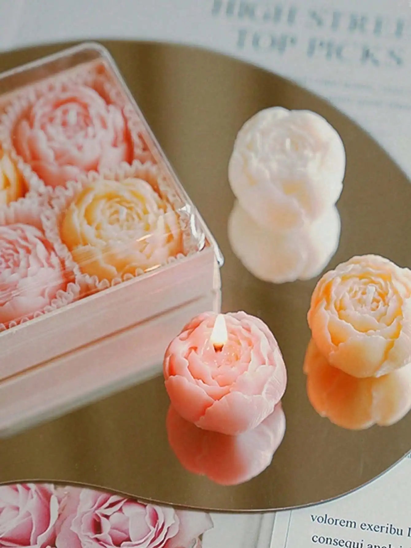 Floral candle set: ivory and peach rose-shaped candles on round tray