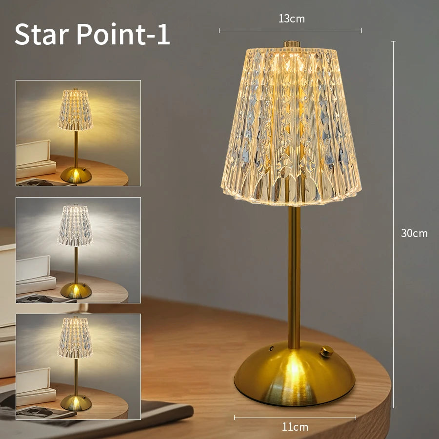 Cordless dimmable night lamp with glittering faceted glass shade and gold base
