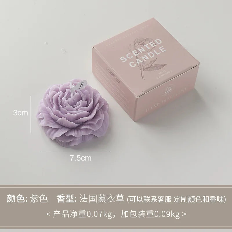 Peony sculptural scented candle, lavender-purple flower with box and size markers