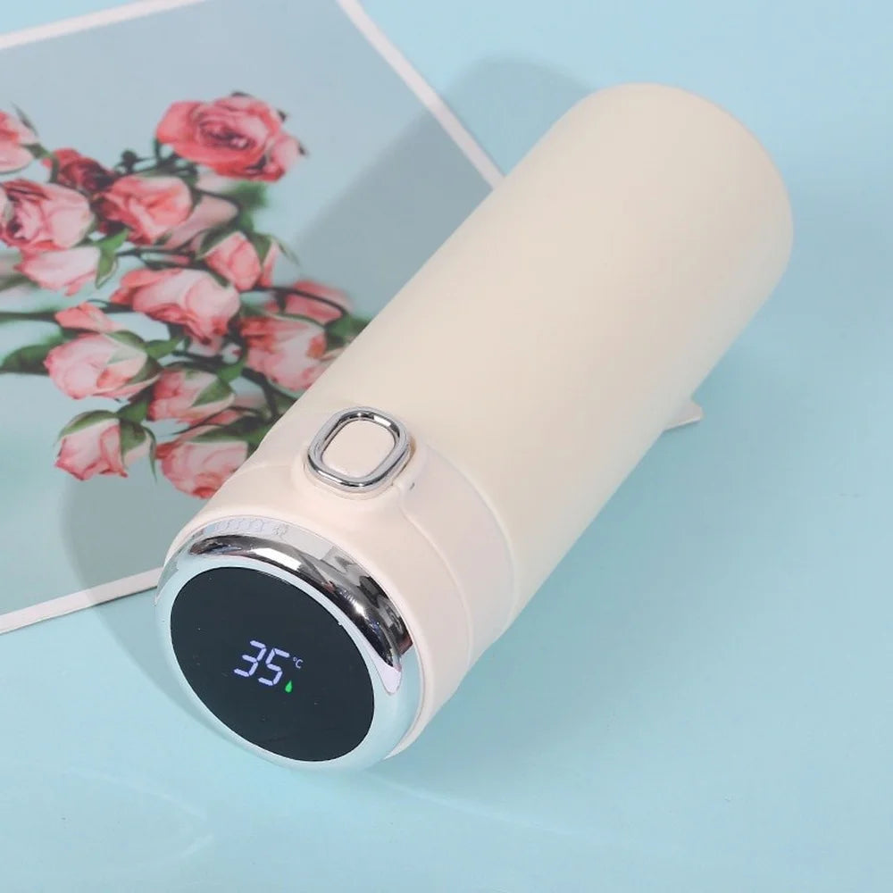 White 400ml smart thermos with digital temperature display and chrome ring