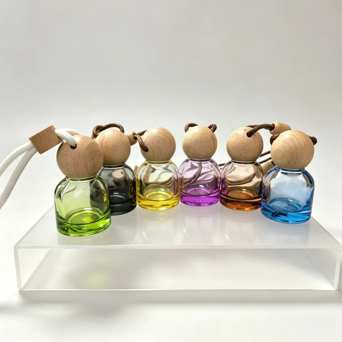 Mini Glass Car Perfume Diffusers set: colored glass bottles with wood ball tops