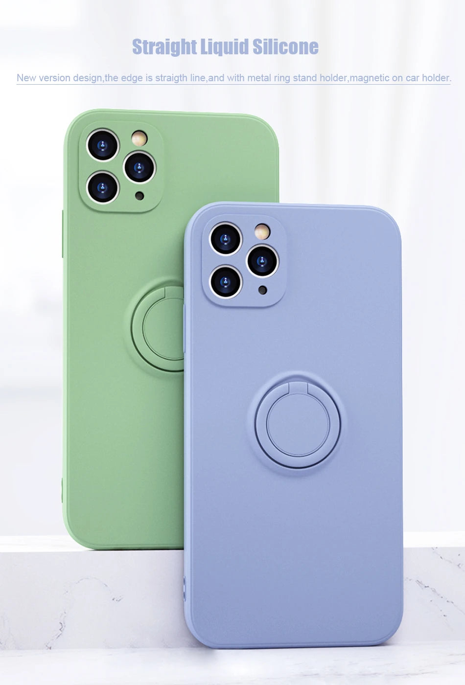 Green and light blue silicone MagSafe phone cases with circular ring stands