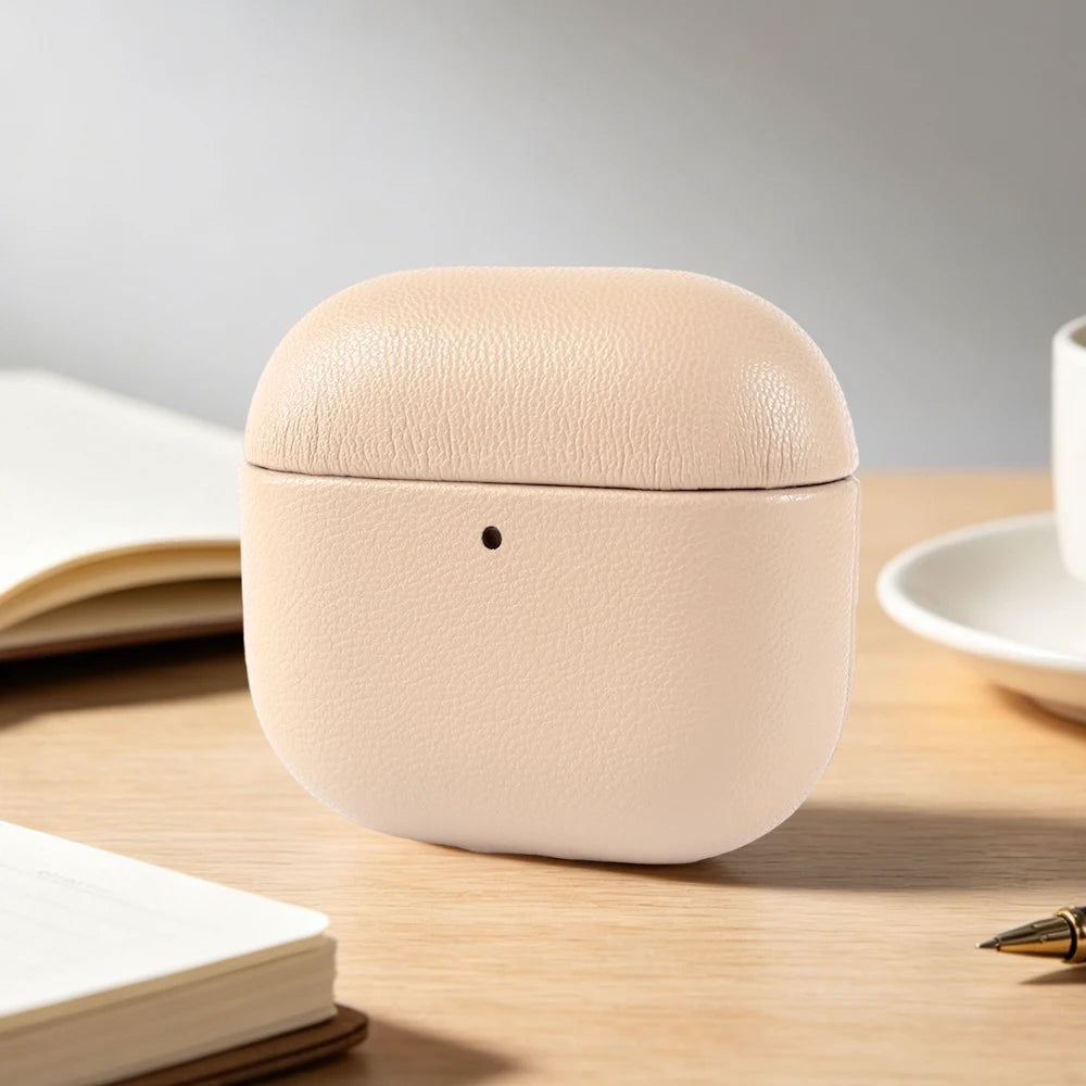 Pearl White eco leather AirPods case, closed with smooth textured surface