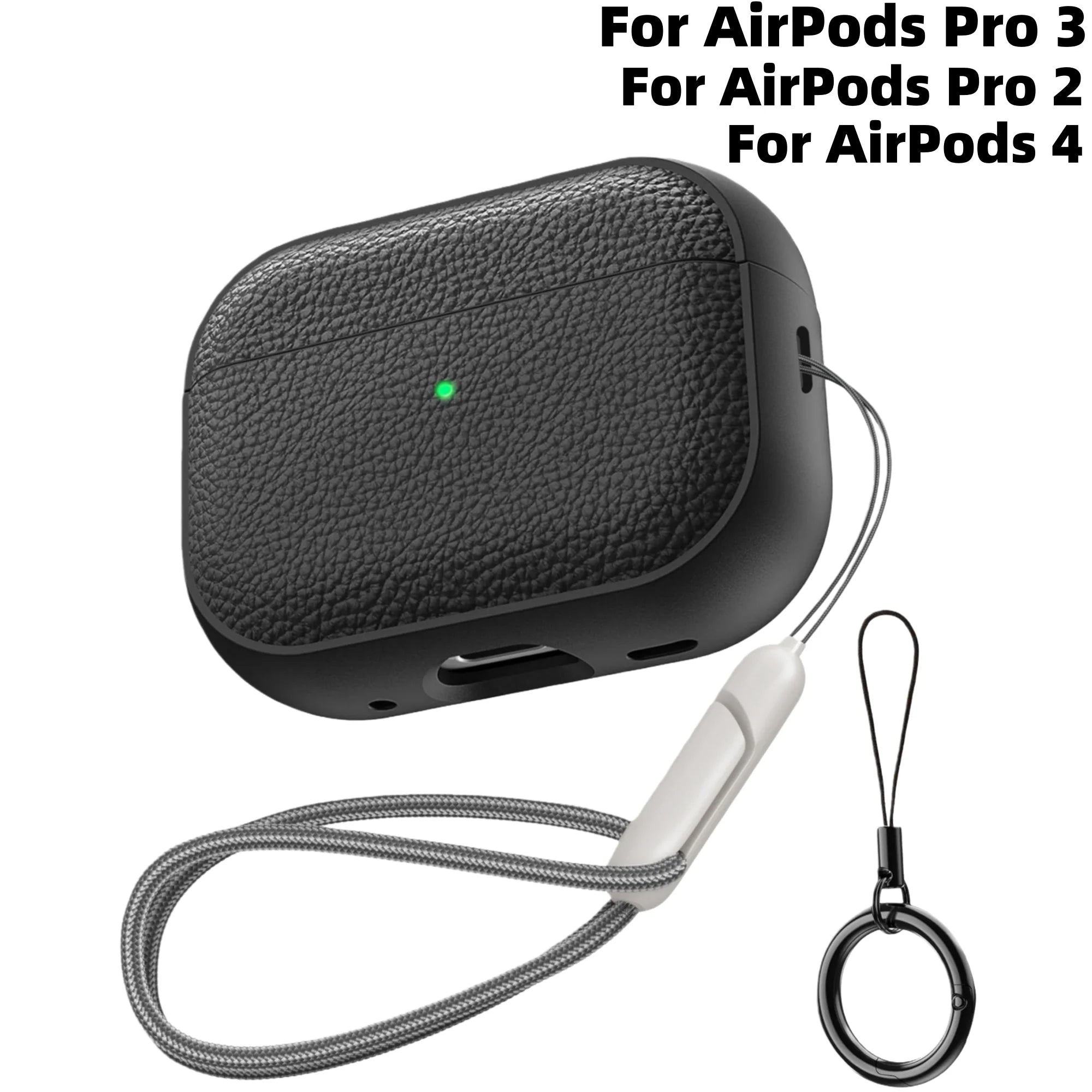 Obsidian black TPU AirPods case with keychain ring and woven lanyard strap