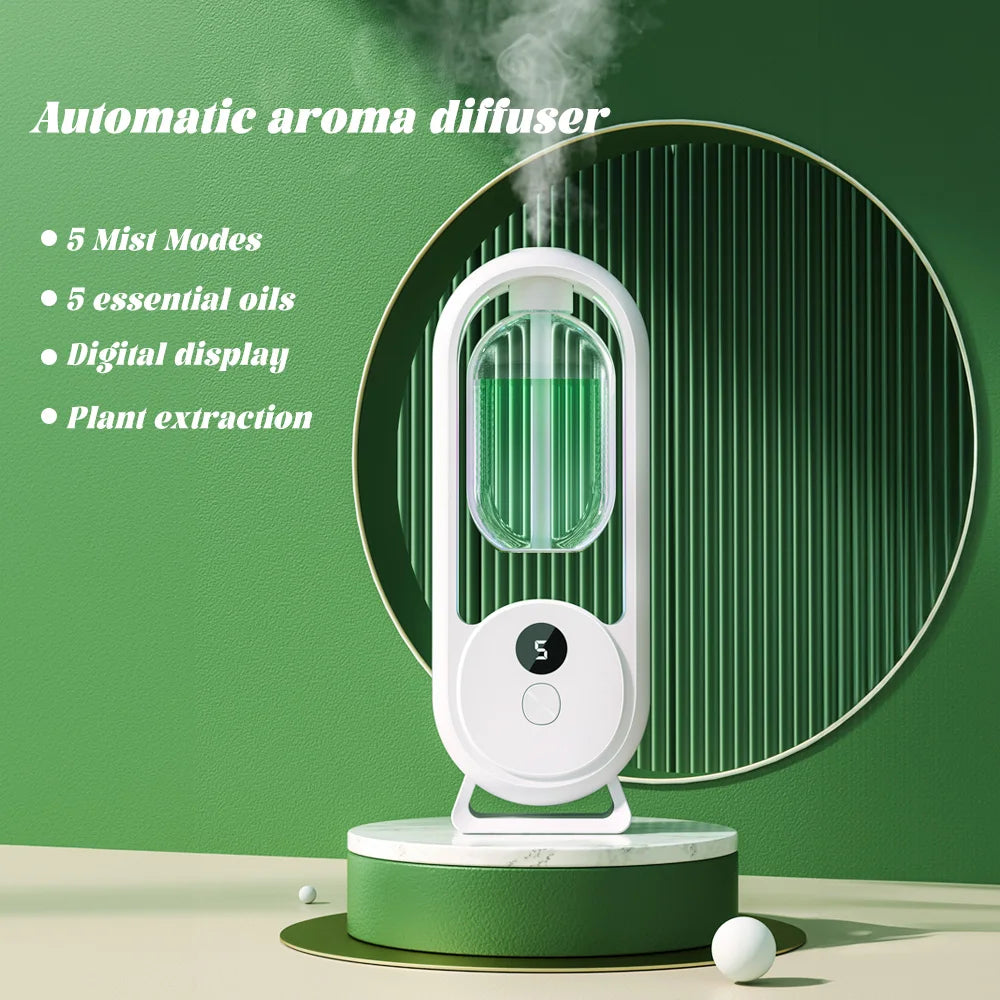 White aroma diffuser with illuminated chamber, digital display, and mist modes icon