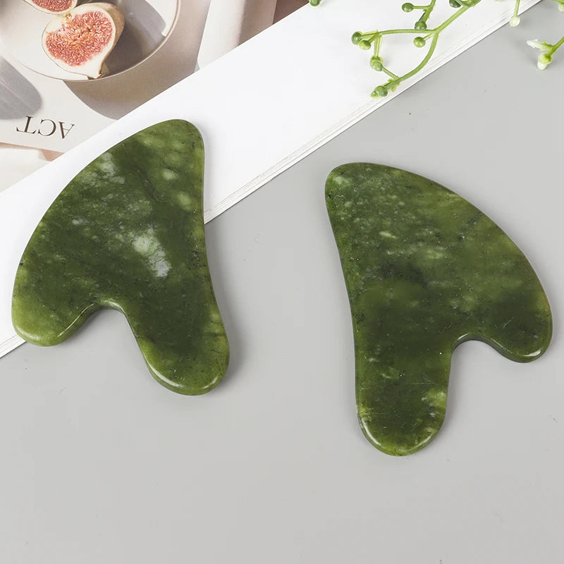 Heart-shaped jade gua sha massager set, green polished tool with finger grip notch