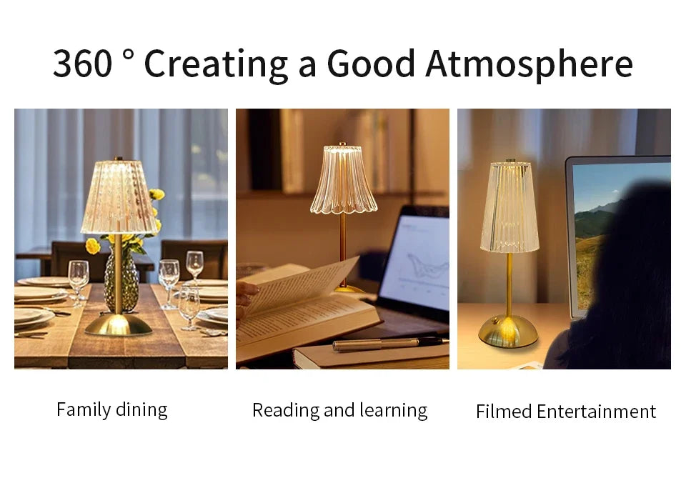 Cordless dimmable decor night lamps with clear pleated shades and gold bases