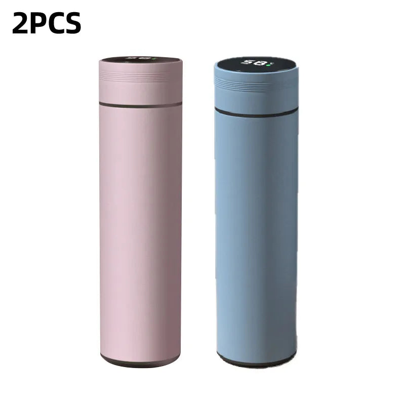 2-pack smart thermos flasks: pink and blue with digital display tops