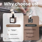 50ml reed diffuser bottle with white flower reeds shown on a product info graphic