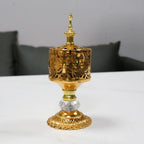 Gold Arabian lattice incense tower holder with finial and perforated top bowl