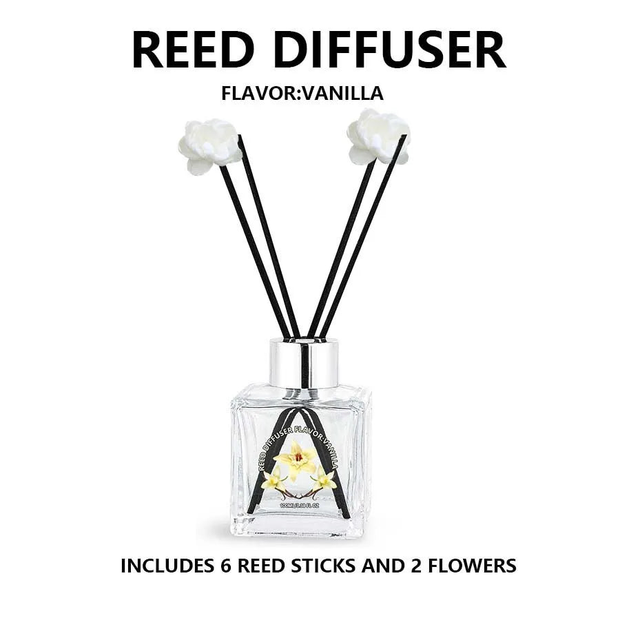 Botanical reed diffuser set—vanilla scent, clear bottle with 3 black reeds and flowers