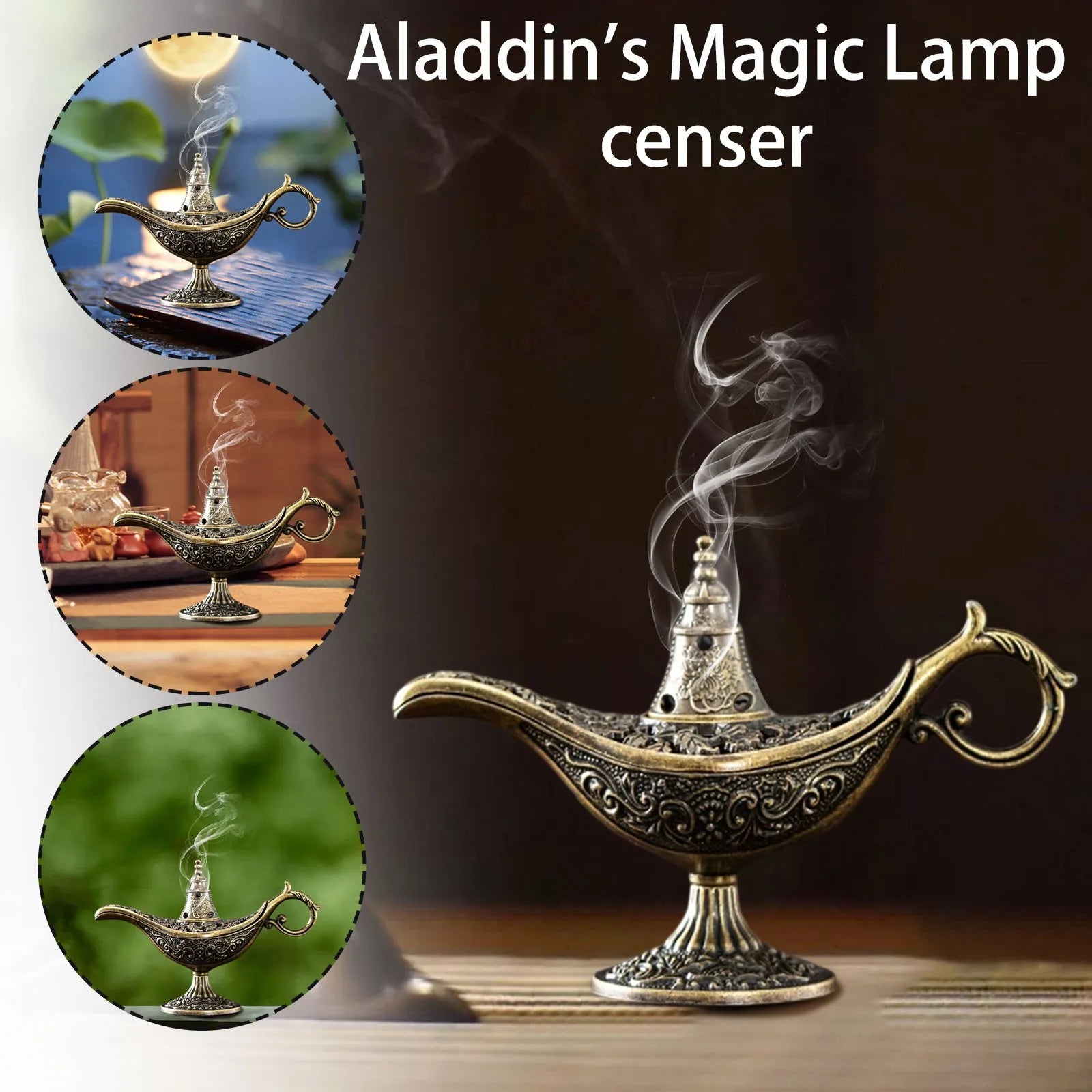 Aladdin Lamp magic incense burner with swirling smoke and decorative spout