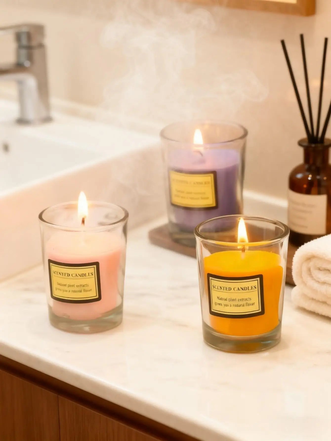 Romantic Glass Aromatherapy Candles in clear glass jars with pink, purple, and orange wax