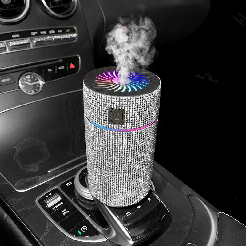 Pearl white glitter car aroma diffuser with purple blue top light and vapor