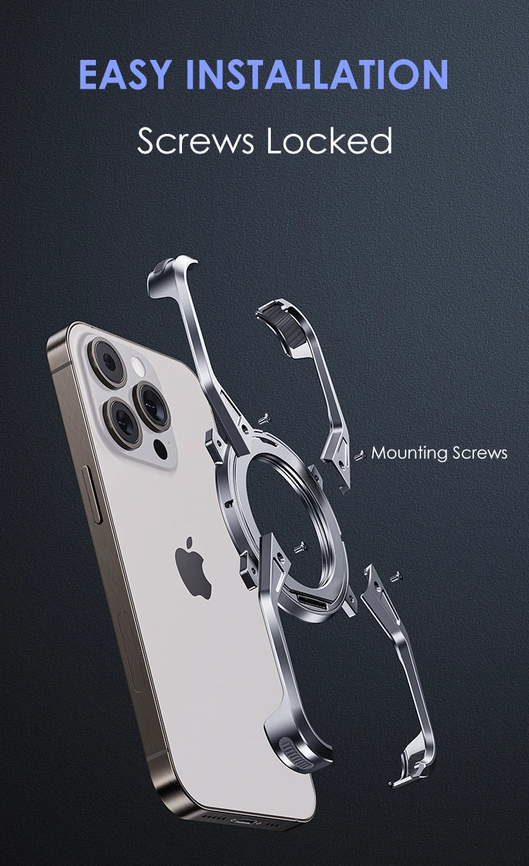 Rimless magnetic phone case with screw-locked design and circular magnet ring