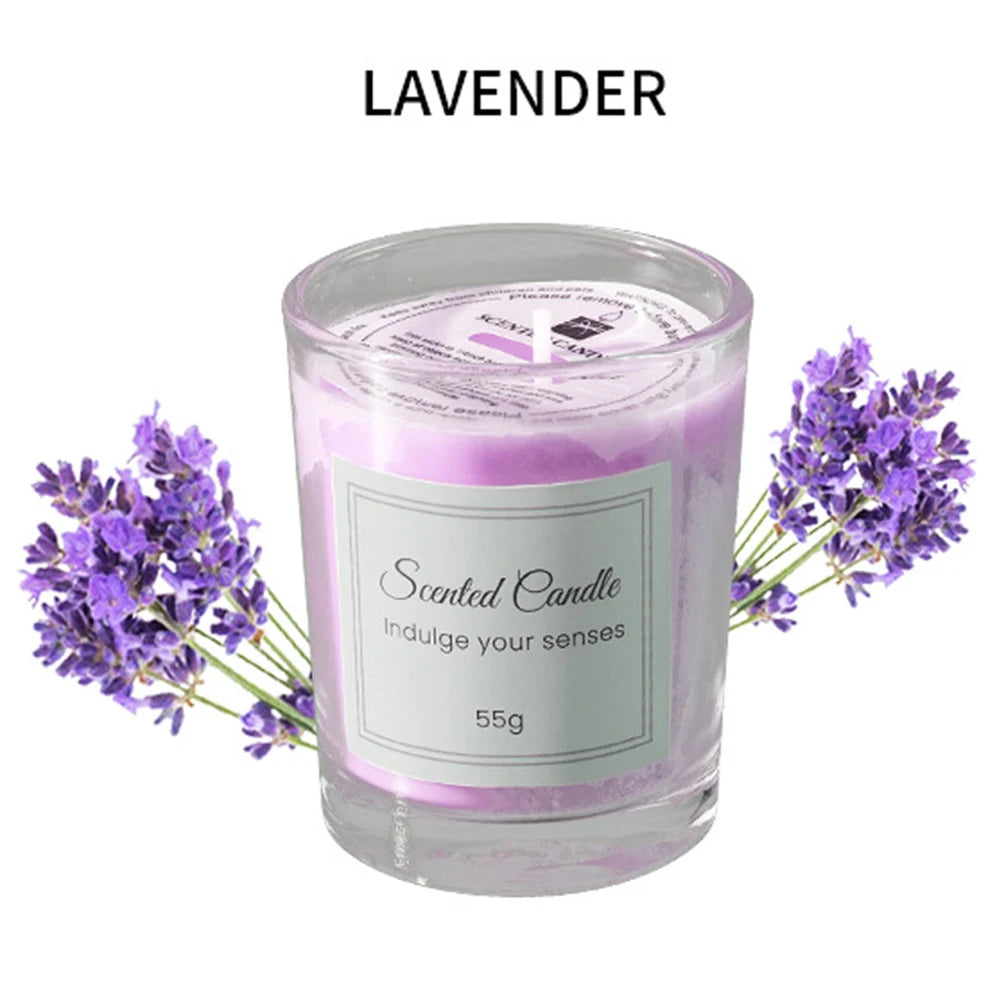 Lavender scented candle in clear glass jar with purple wax, 55g