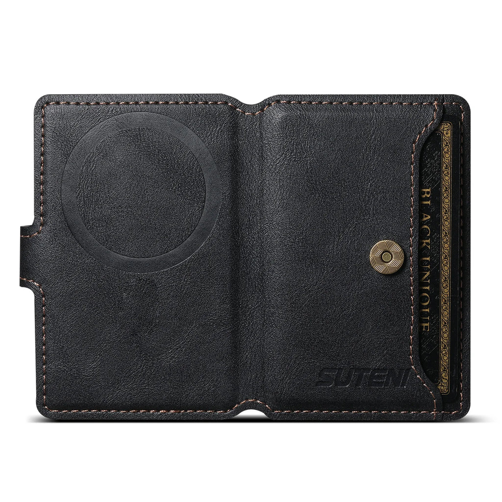 Black leather MagSafe phone wallet open view with embossed magnetic circle and card slot