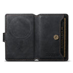 Black leather MagSafe phone wallet open view with embossed magnetic circle and card slot