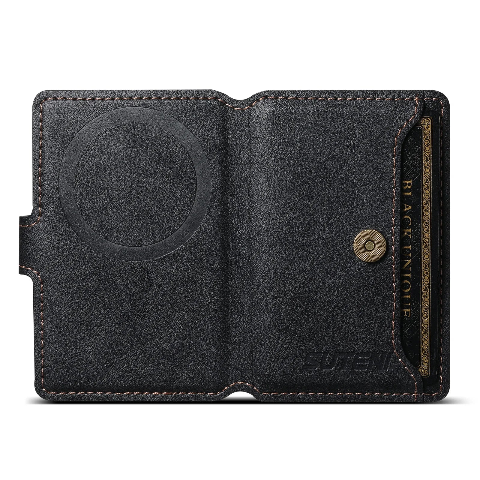 Black leather MagSafe phone wallet open view with embossed magnetic circle and card slot