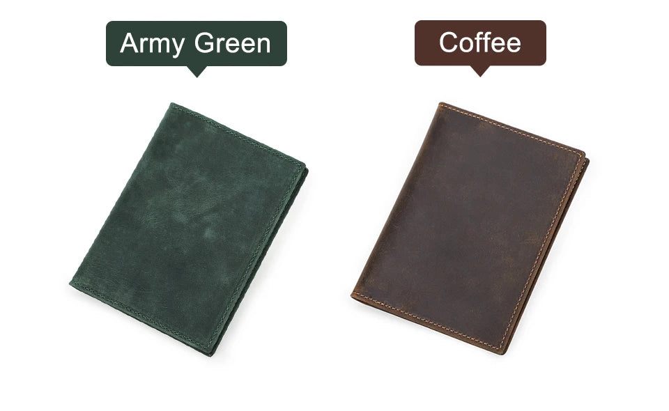 Green and coffee leather passport wallets, flat closed with stitched edges
