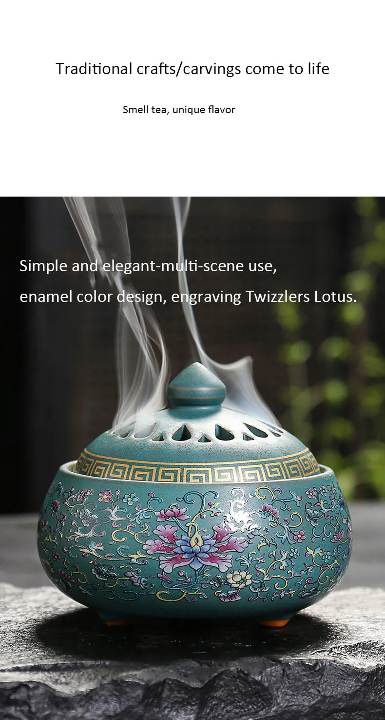 Sky Blue enamel lotus incense burner with pierced lid and colorful floral design